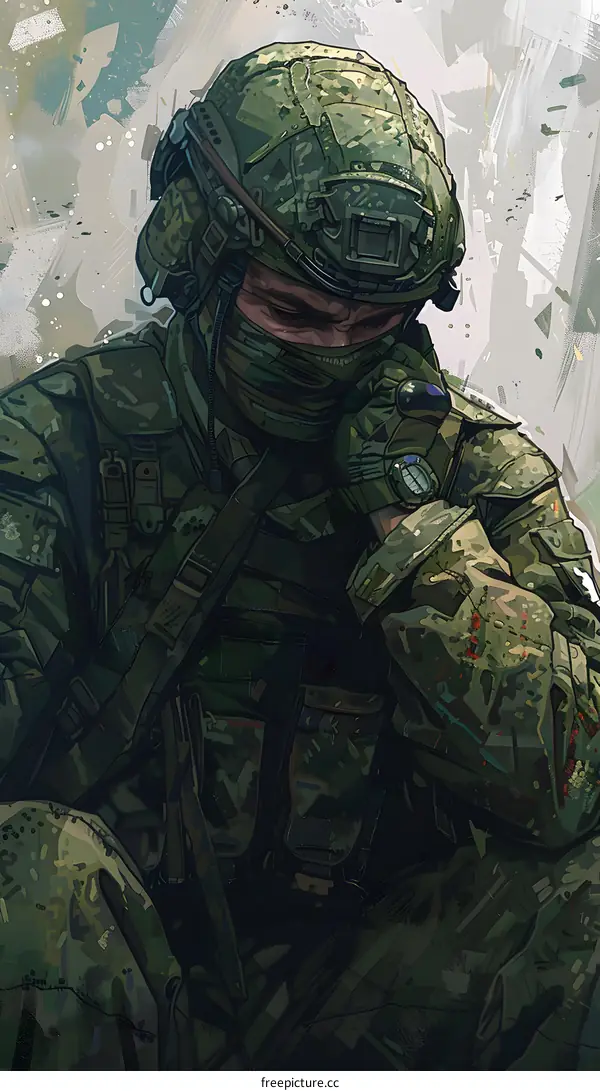 A soldier wearing a green camouflage uniform and a helmet is sitting on the ground.