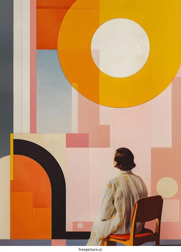Woman Sitting in Front of Abstract Geometric Art