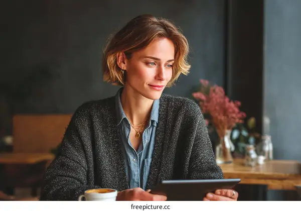 Woman using tablet in cafe