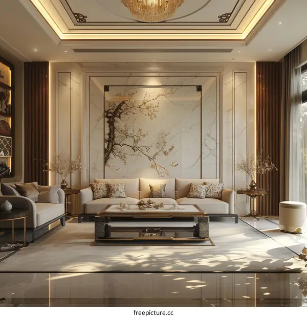 Modern Living Room Interior Design With Beige Sofa And Golden Decor