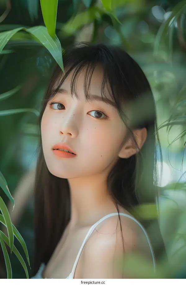 Asian Woman Portrait with Green Leaves