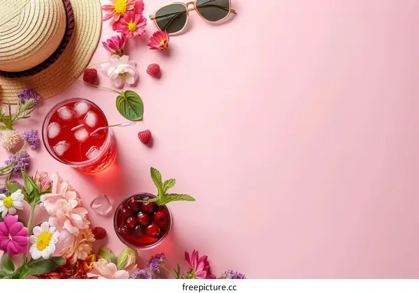 Refreshing summer drinks with berries and flowers