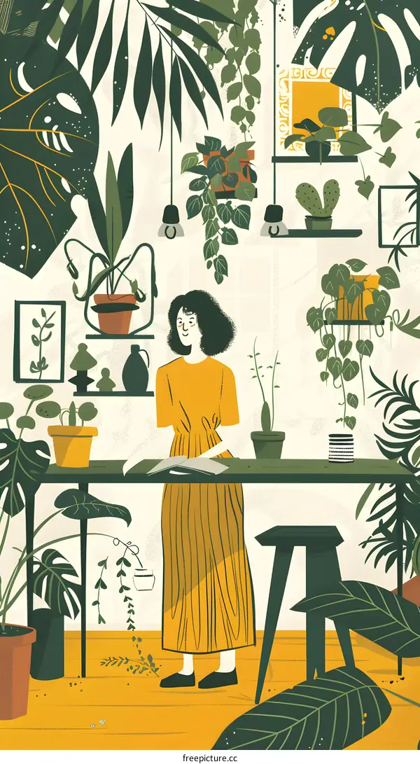 Woman in Yellow Dress Surrounded by Plants