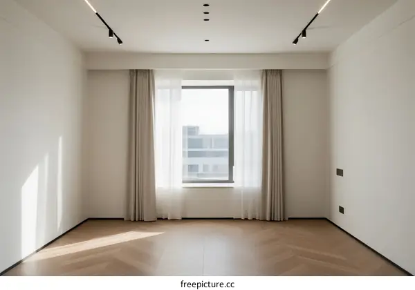 Modern empty room with large window and wooden floor