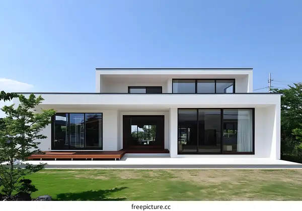 Modern White House with Large Windows and Wooden Deck