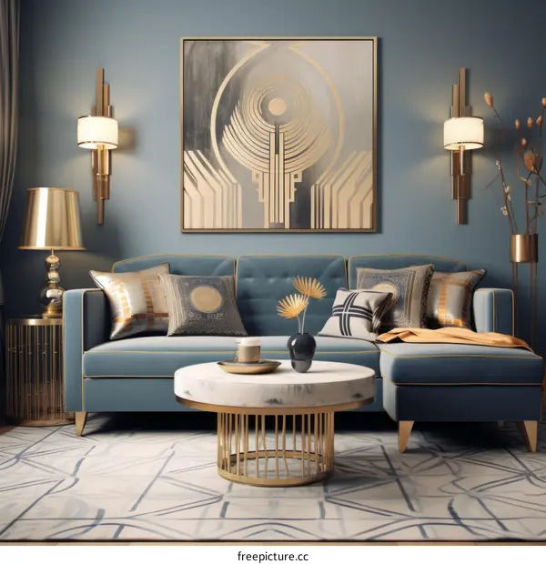 Blue and gold living room with sofa, coffee table, rug, lamps, and painting
