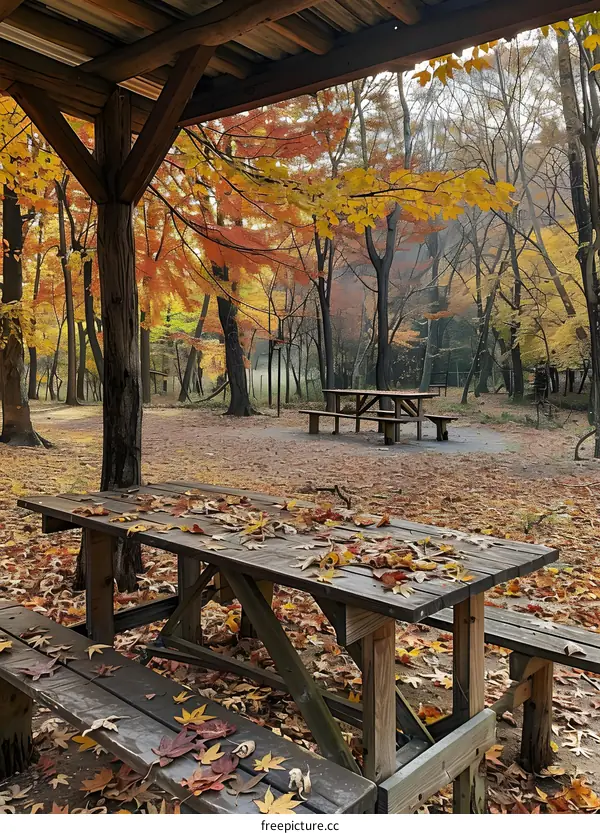 Wooden Picnic Tables Covered in Fall Leaves Under Shelter in Forest