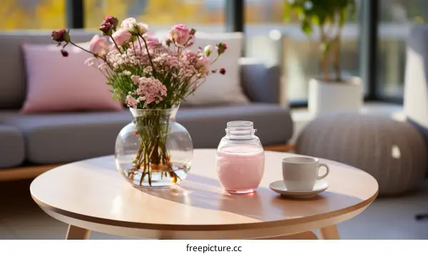 A beautiful still life image of a vase of flowers and a cup of coffee on a table.