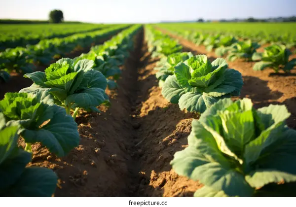 Rows of green cabbages in a farm field under the sun