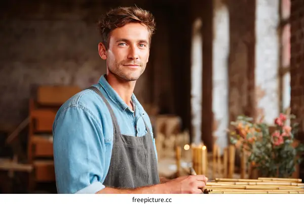 Craftsman Working with Bamboo in a Workshop