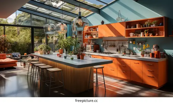 An illustration of a modern kitchen with orange cabinets and a large island