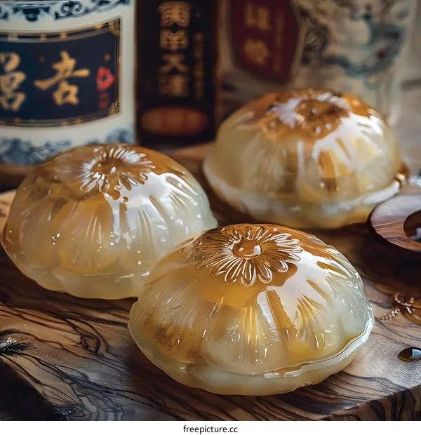 Three Golden Flower Shaped Chinese Desserts on Wooden Cutting Board