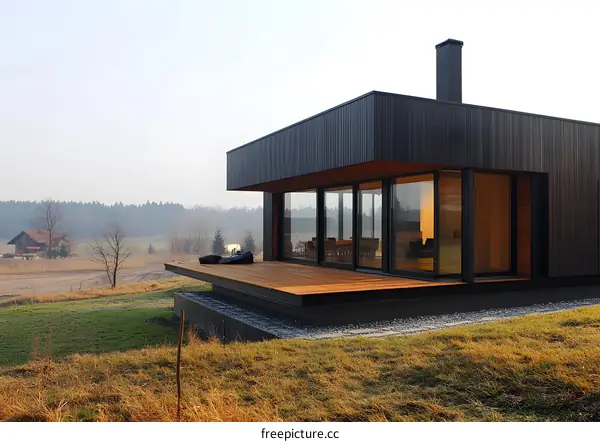 Modern Black House with Wooden Deck and a View of the Countryside
