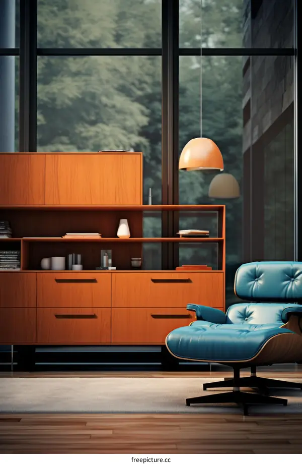 Blue leather chair in a modern living room