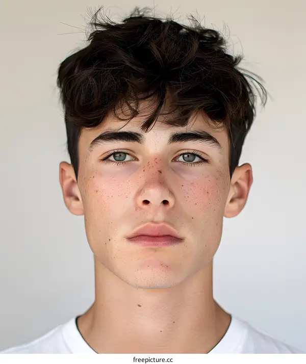 Portrait of a young man with freckles and green eyes