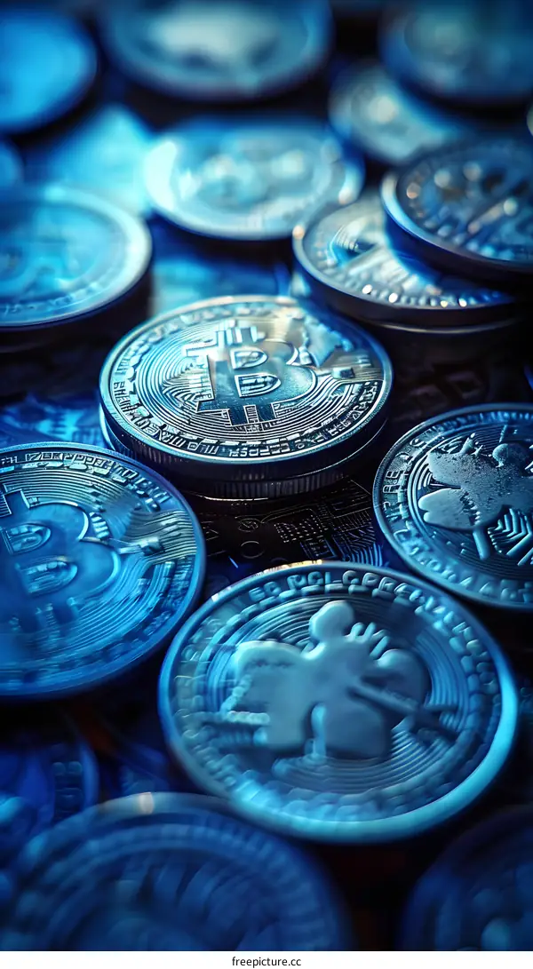 A pile of Bitcoin cryptocurrency coins with a four-leaf clover coin in focus.