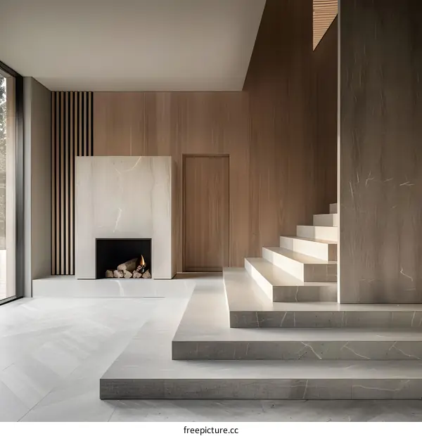 Modern Interior Design with Fireplace and Stairs