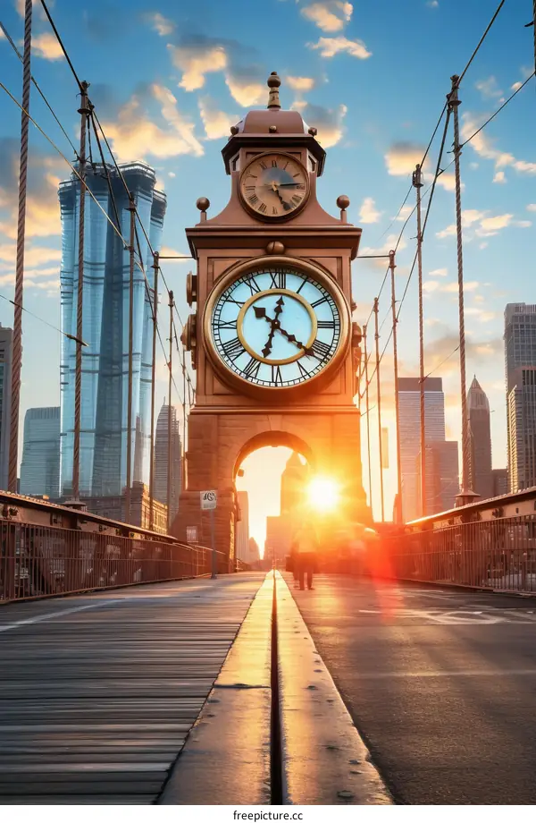 Clock Tower on Bridge with City Skyline at Sunset