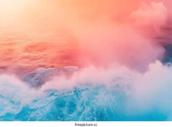 Ocean Waves Breaking Under Pink Sky