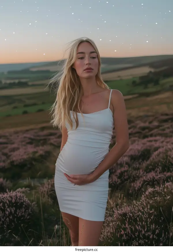 Pregnant woman standing in a field of heather at sunset