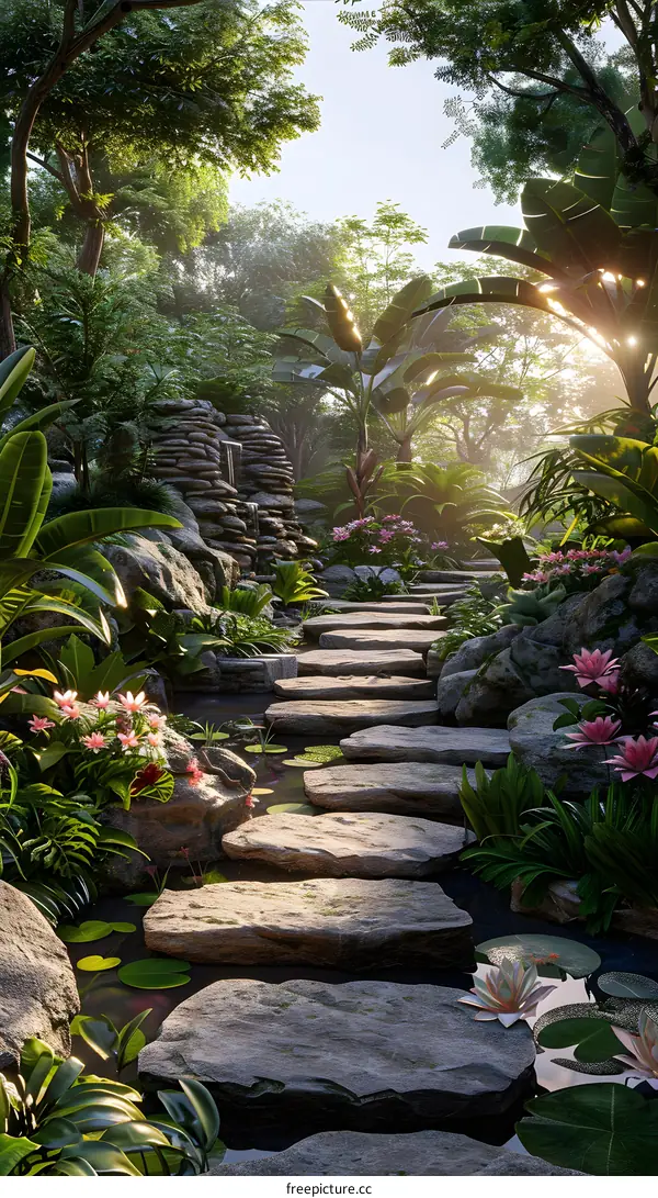 Stepping stones in a lush tropical garden
