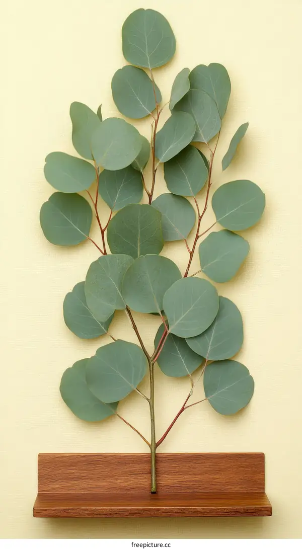 Eucalyptus Branch on Wooden Shelf Minimalist Design