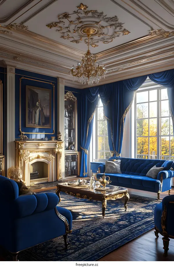 Luxurious Blue and Gold Living Room Interior Design
