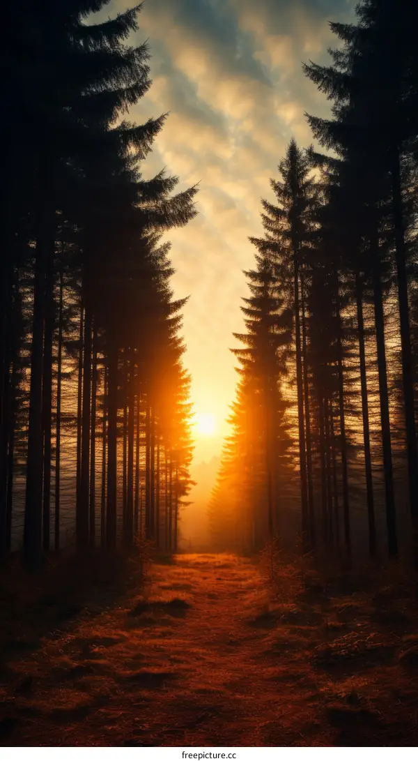 Sunbeams Through Tall Trees in a Forest