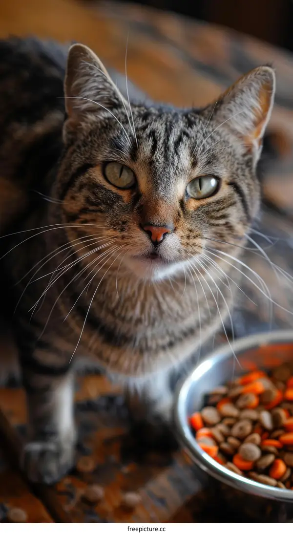 Tabby Cat Looking at Camera with Food Bowl