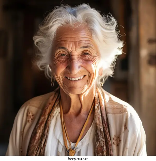 Portrait of an elderly woman with white hair and wrinkles smiling