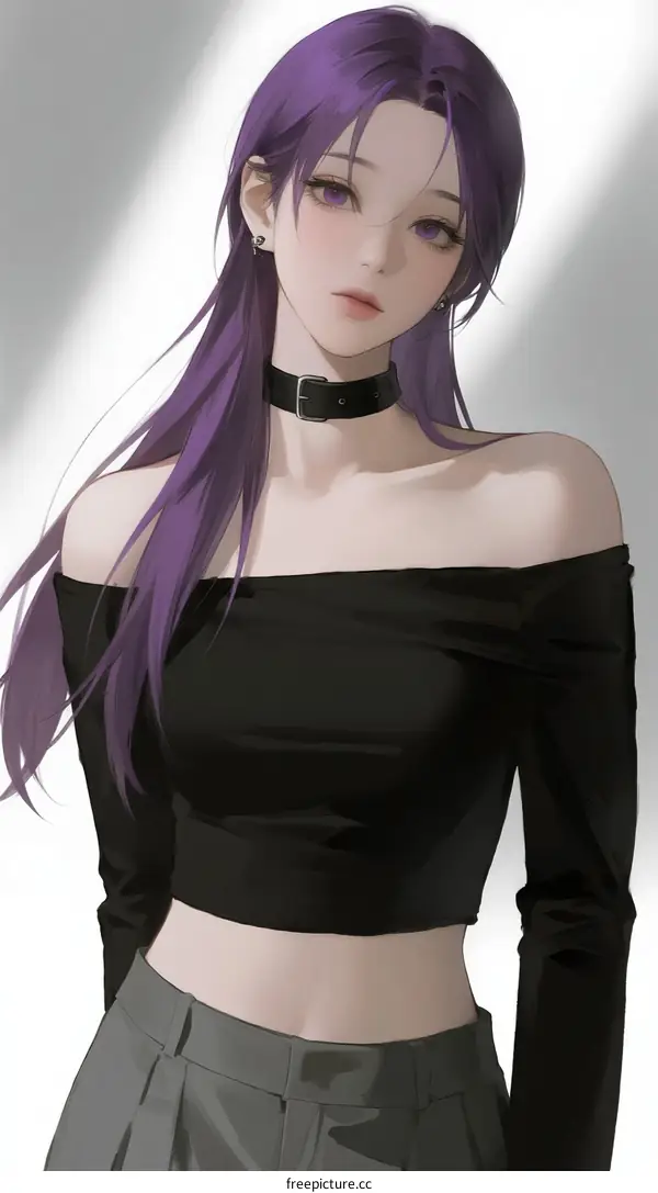 A Young Woman with Long Purple Hair Wearing Black Off-shoulder Top