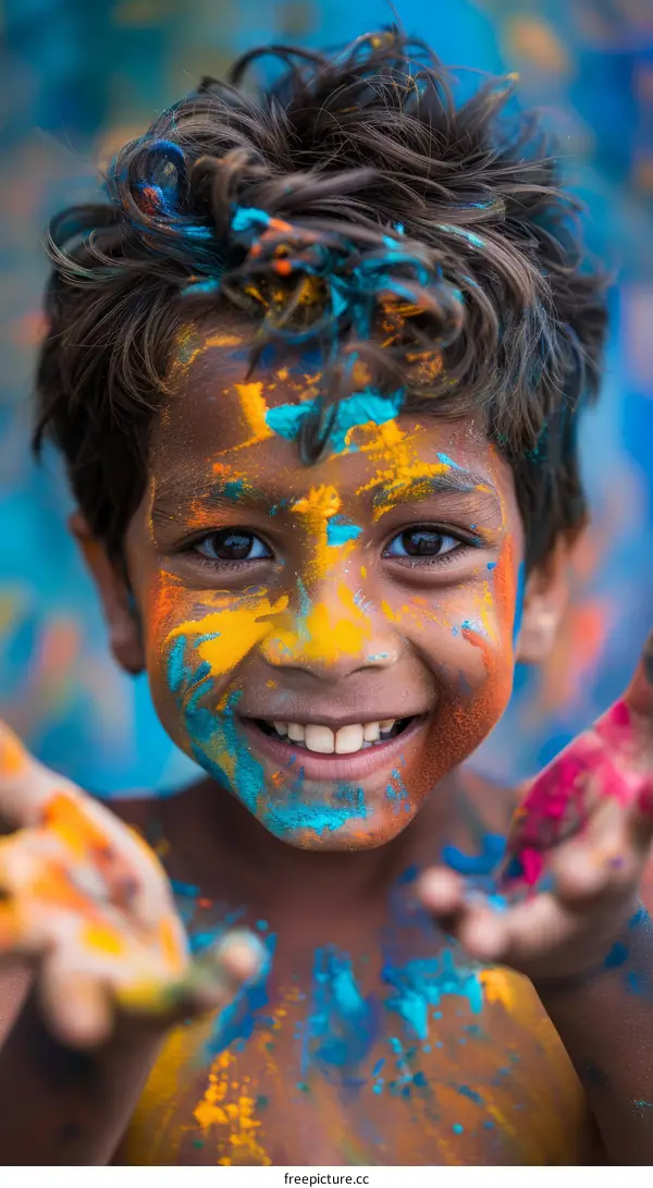 Portrait of a happy Indian boy covered in colorful powder