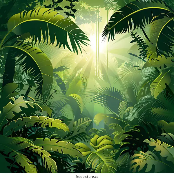 Sunlight Shining Through Lush Tropical Jungle