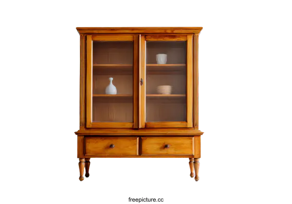 [Transparent Background PNG]Vintage Wooden Display Cabinet Against a White Wall