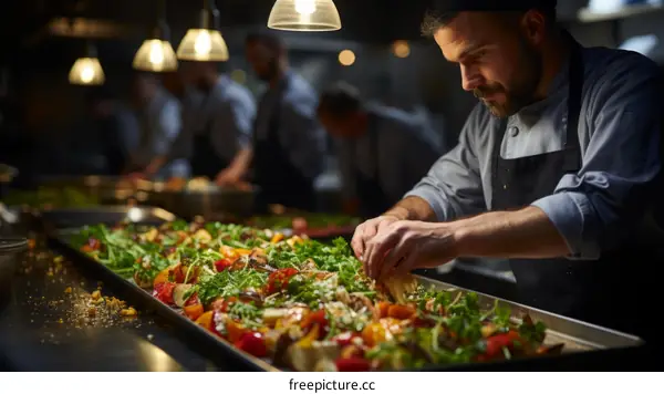 Professional chef carefully preparing a delicious salad in a commercial kitchen