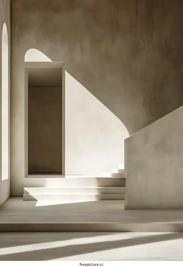 Minimalist Interior Design with Arched Doorways and Concrete Steps