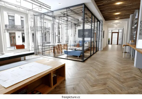 Open-plan office interior design sketch