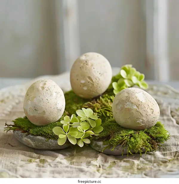 Stone Easter Eggs on Moss Bed
