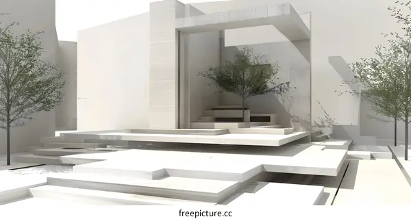 Minimalist Concrete Architecture with Tree in Courtyard