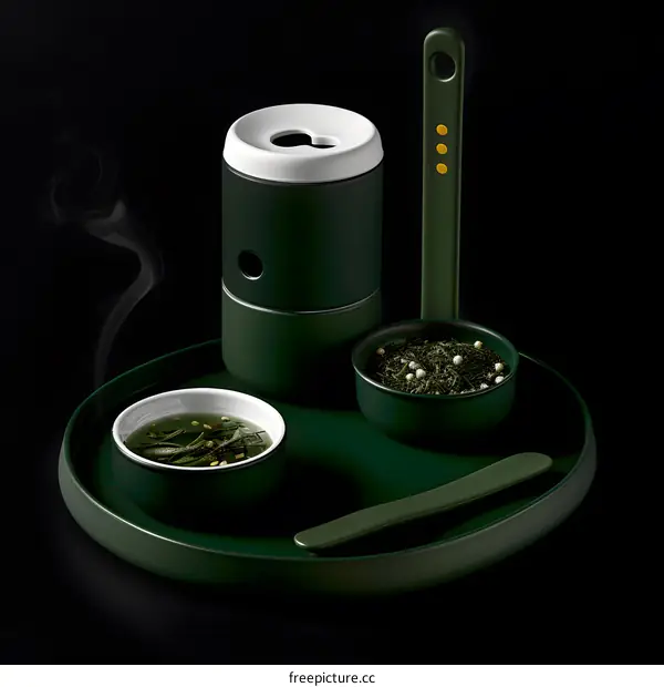 Green Tea Set on Dark Background