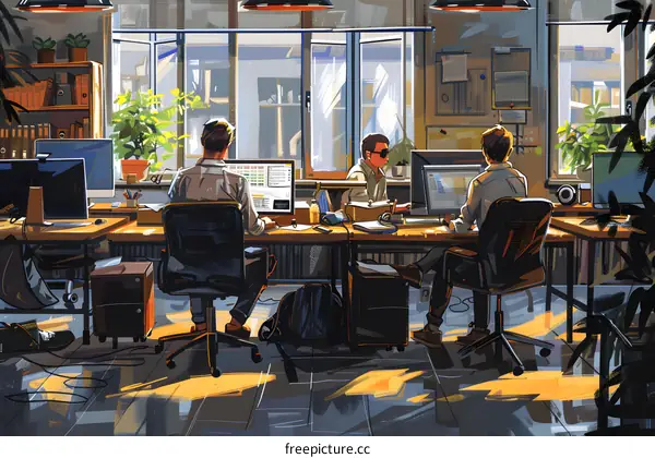 Three men working in an office