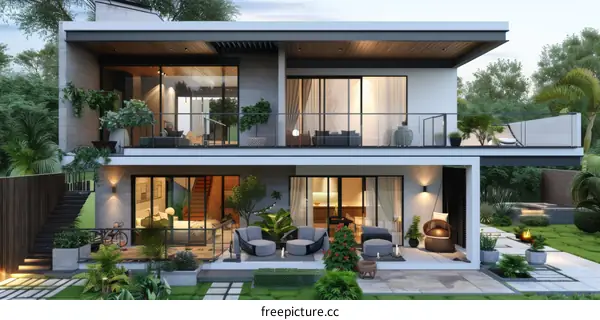 Modern Two-Story House Exterior Design Illustration