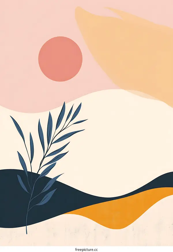 Abstract Art with Sun, Leaves, and Wavy Lines