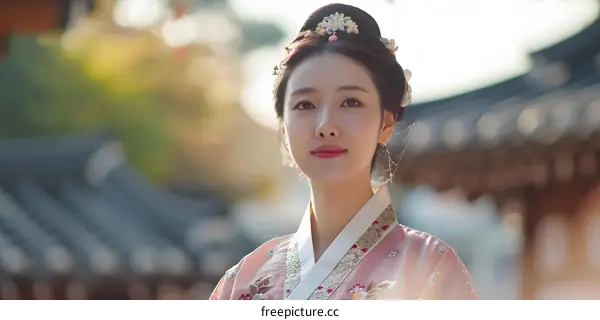 Portrait of a beautiful young Korean woman in traditional Korean dress, or Hanbok