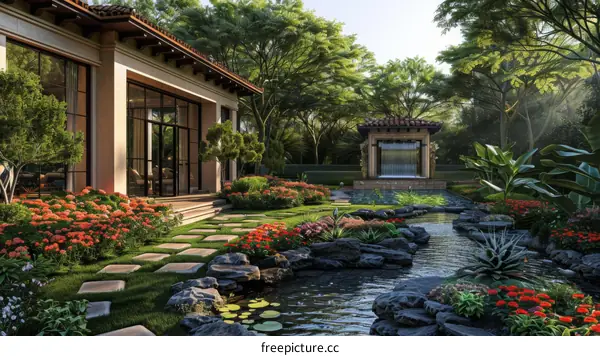 Courtyard with a beautiful garden and a fountain