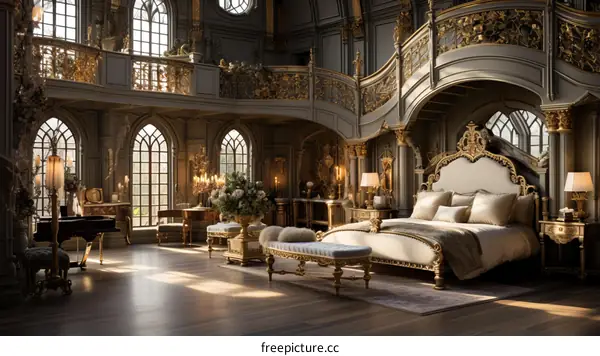 Ornate bedroom with a large bed, piano, and balcony