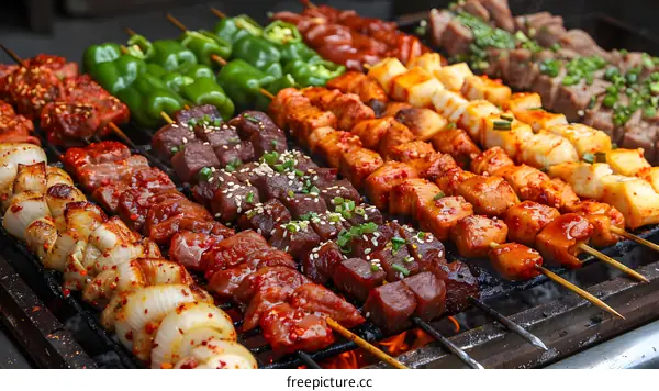 Various kinds of meat and vegetable skewers on the grill