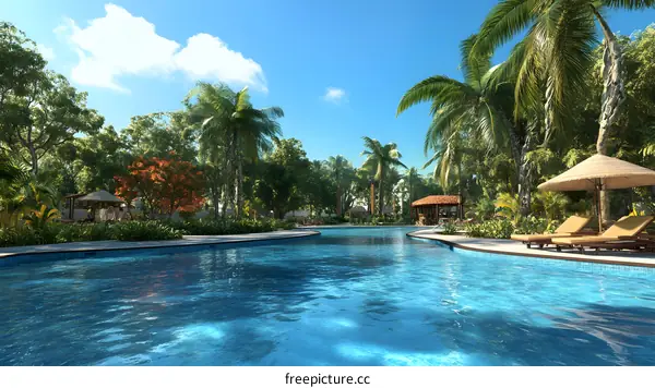 Tropical Paradise Swimming Pool With Palm Trees