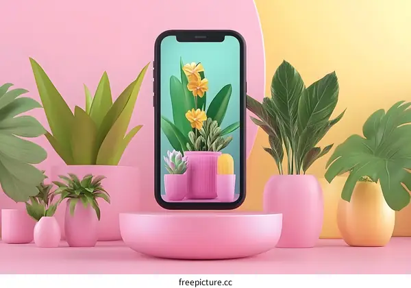 Floating Smartphone with Plants in Pots