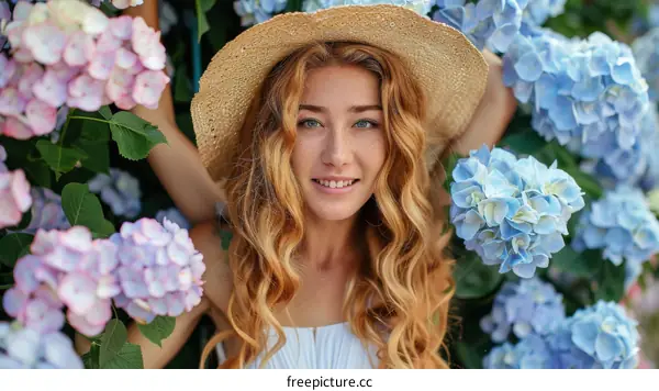 Portrait of a beautiful young woman in a straw hat standing in a garden of hydrangeas
